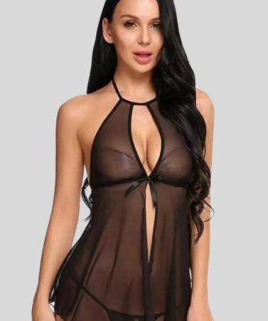 Elegant Lace Black Babydoll Nightwear