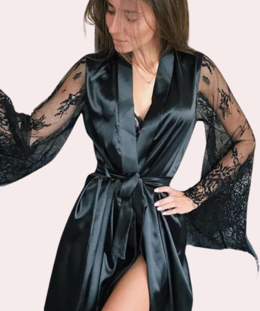 Day-to-Night Black Silk Robe for Women's Seductive Style