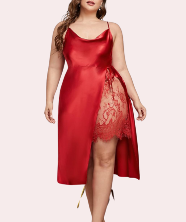 Plus Size Lace Trim Sleep Dress with Cowl Neck