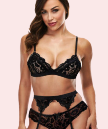 Exotic black lace bra set with garter belt